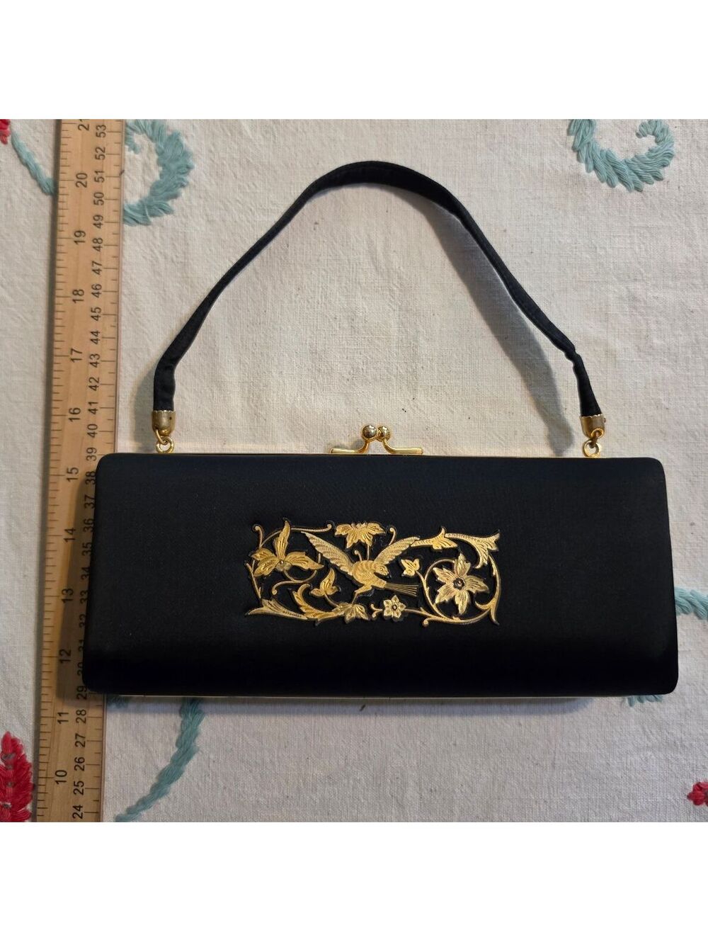 Vintage Toledo-Style Damascene Black Clutch – Gold Bird & Floral Design